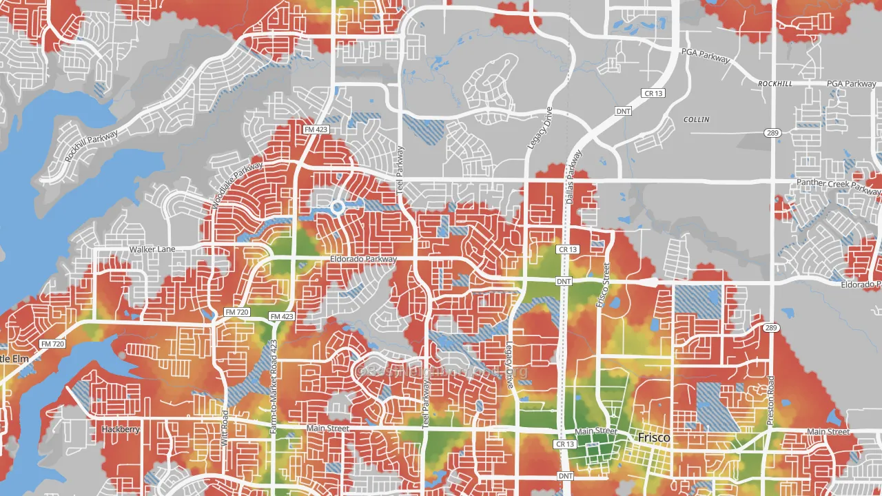 Walk Grade map of 75033, TX, walkable areas in green and car-dependent areas in red