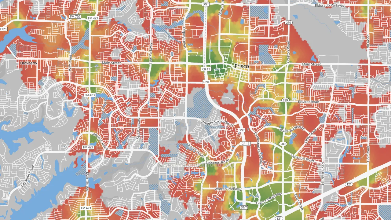 Walk Grade map of 75034, TX, walkable areas in green and car-dependent areas in red