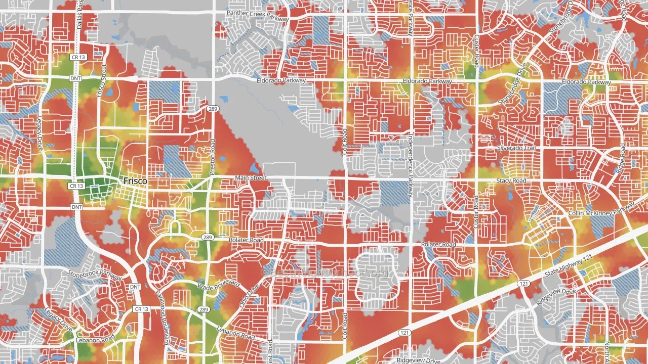 Walk Grade map of 75035, TX, walkable areas in green and car-dependent areas in red