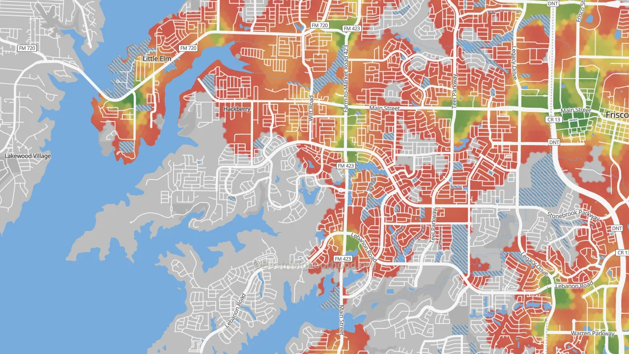 Walk Grade map of 75036, TX, walkable areas in green and car-dependent areas in red