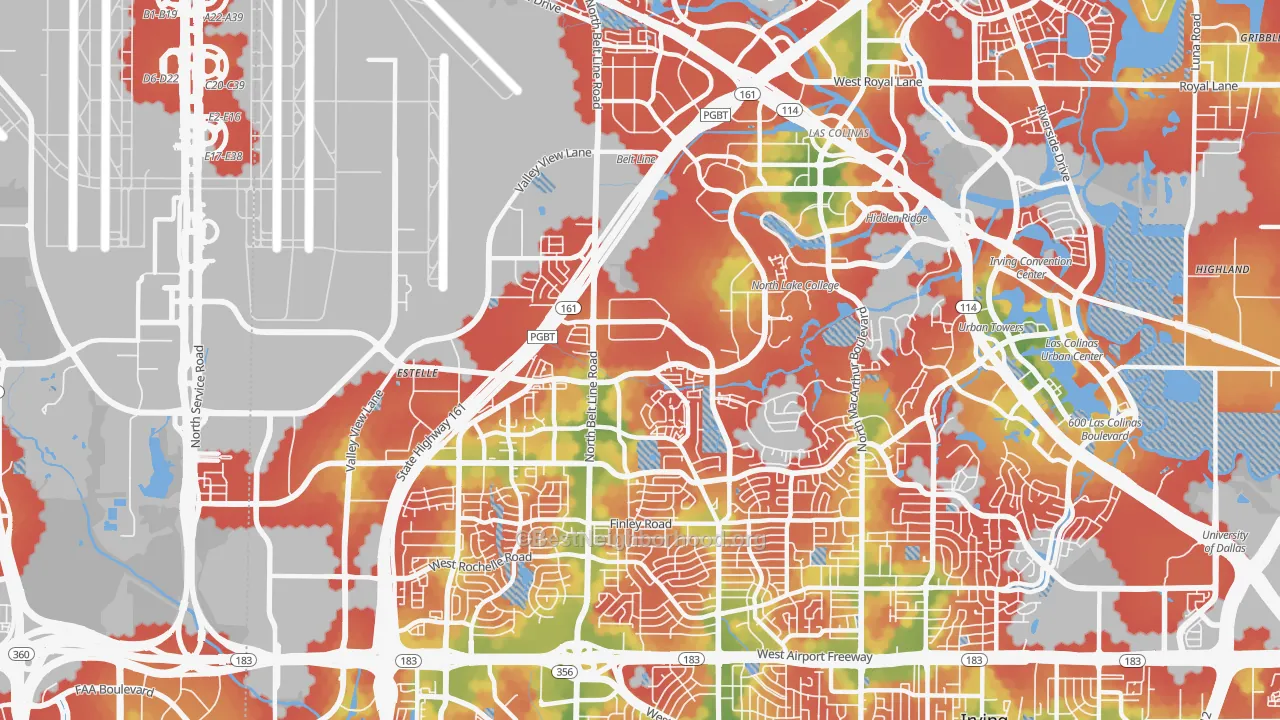 Walk Grade map of 75038, TX, walkable areas in green and car-dependent areas in red