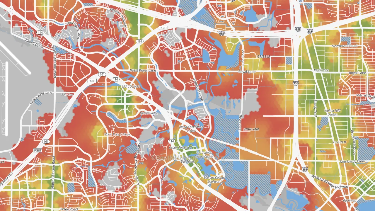 Walk Grade map of 75039, TX, walkable areas in green and car-dependent areas in red