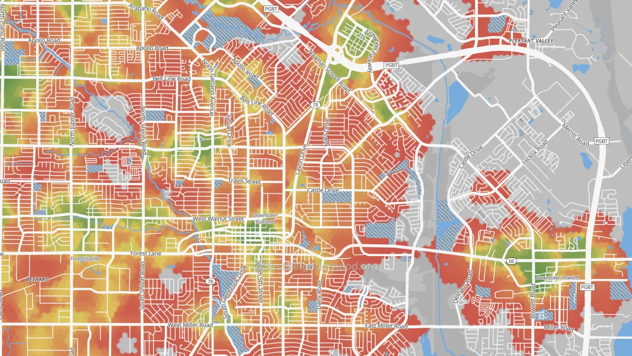 Walk Grade map of 75040, TX, walkable areas in green and car-dependent areas in red