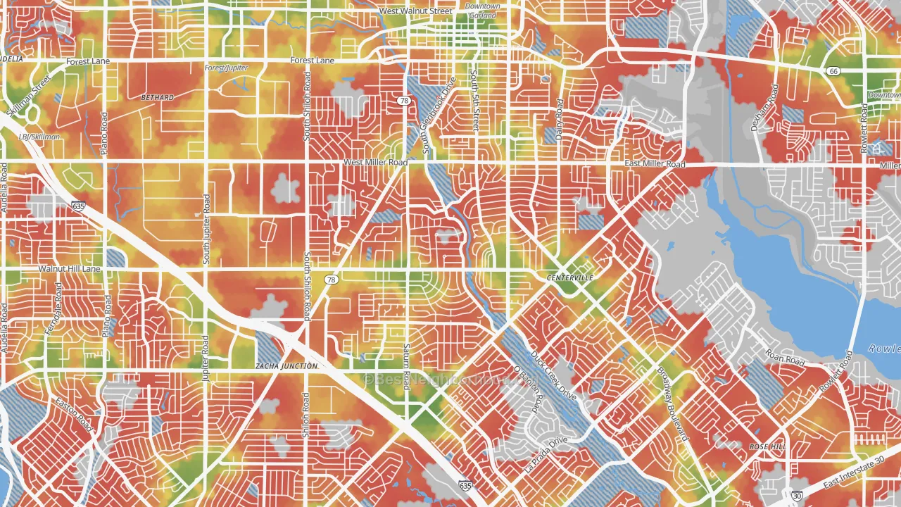 Walk Grade map of 75041, TX, walkable areas in green and car-dependent areas in red