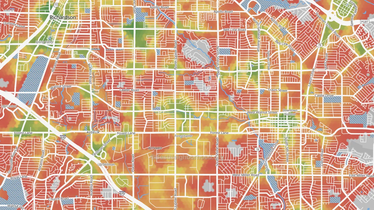 Walk Grade map of 75042, TX, walkable areas in green and car-dependent areas in red