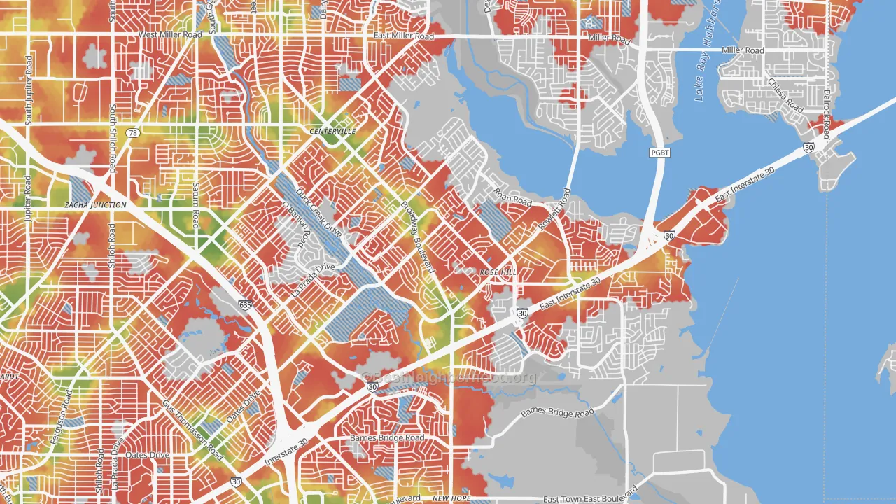 Walk Grade map of 75043, TX, walkable areas in green and car-dependent areas in red