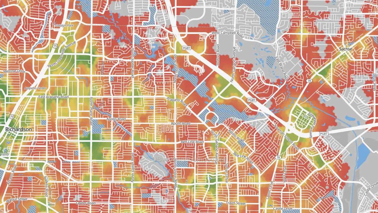 Walk Grade map of 75044, TX, walkable areas in green and car-dependent areas in red