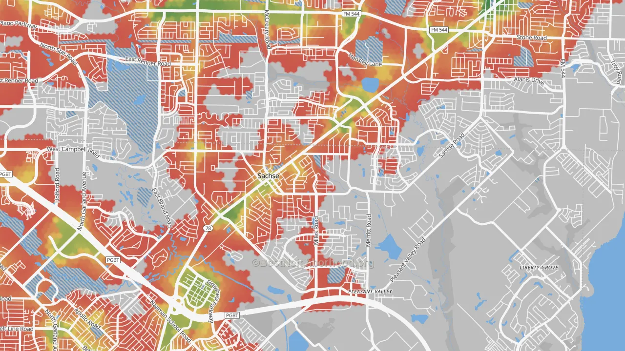 Walk Grade map of 75048, TX, walkable areas in green and car-dependent areas in red