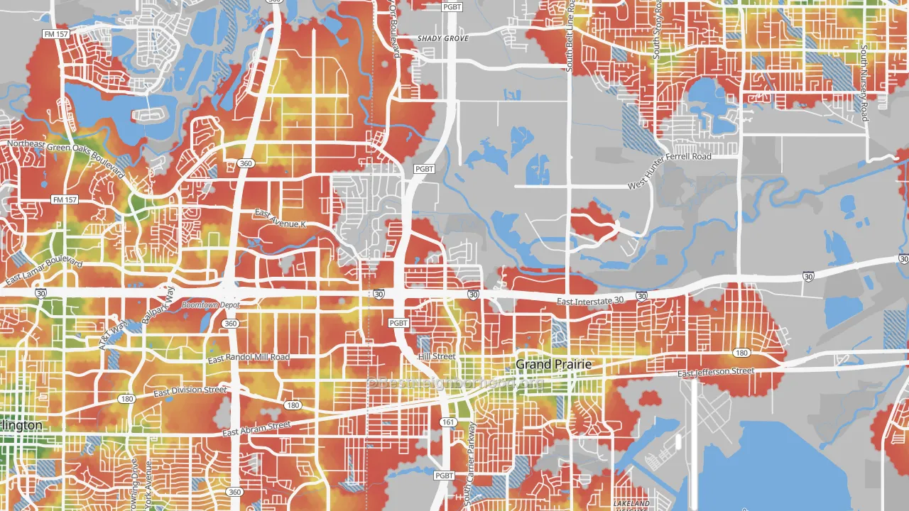 Walk Grade map of 75050, TX, walkable areas in green and car-dependent areas in red