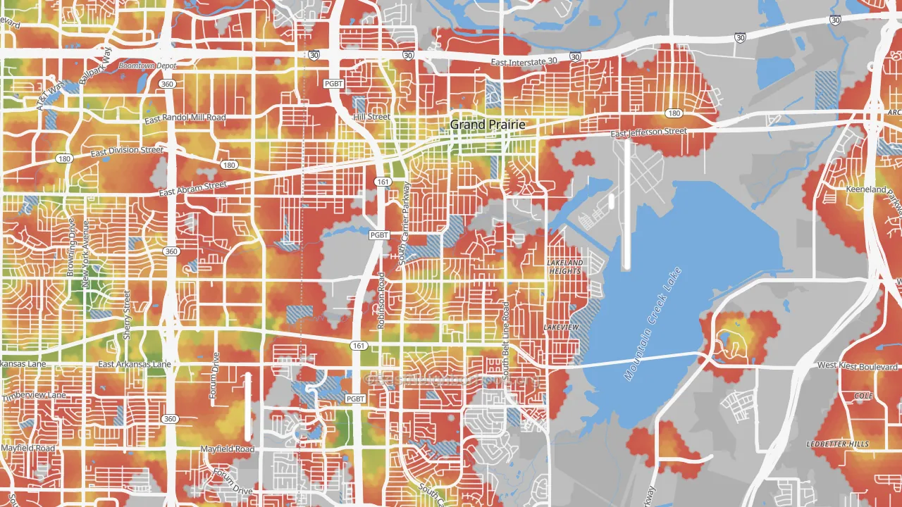 Walk Grade map of 75051, TX, walkable areas in green and car-dependent areas in red
