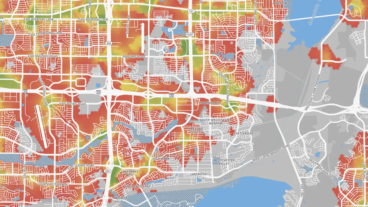Walk Grade map of 75052, TX, walkable areas in green and car-dependent areas in red