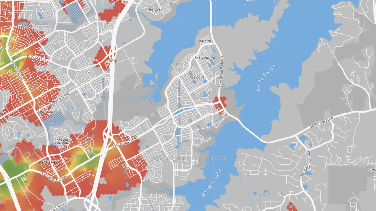Walk Grade map of 75054, TX, walkable areas in green and car-dependent areas in red