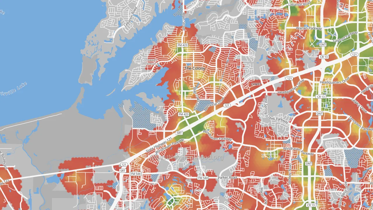 Walk Grade map of 75056, TX, walkable areas in green and car-dependent areas in red
