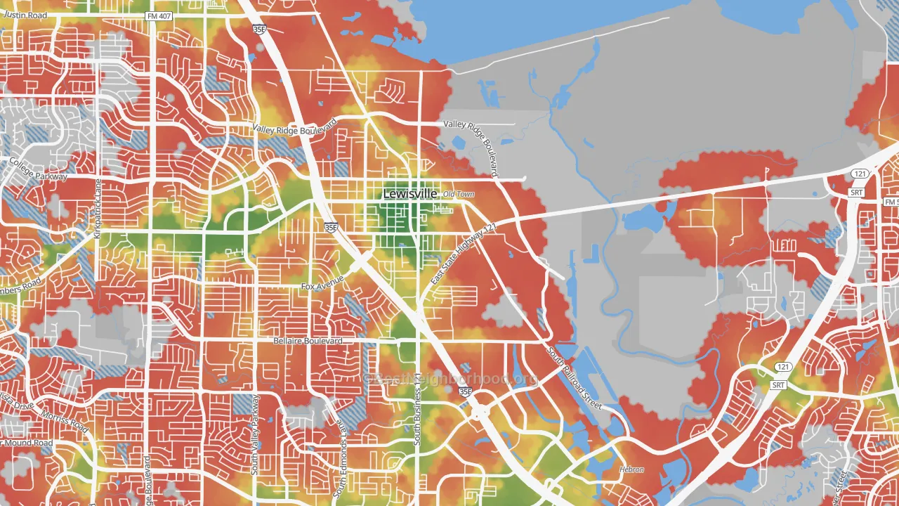 Walk Grade map of 75057, TX, walkable areas in green and car-dependent areas in red