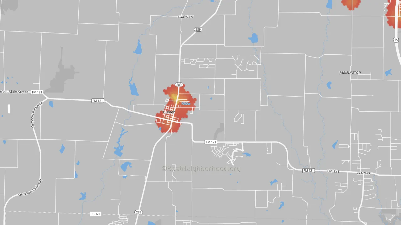 Walk Grade map of 75058, TX, walkable areas in green and car-dependent areas in red