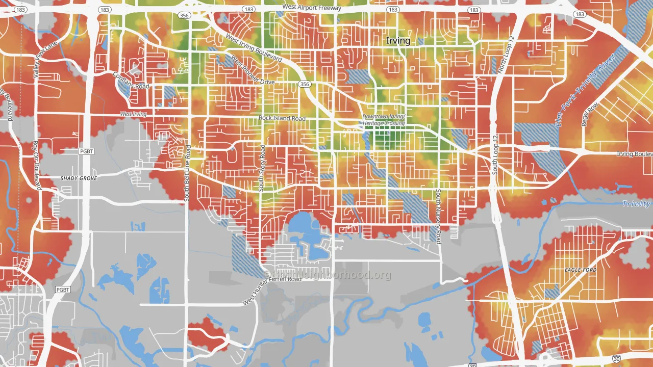 Walk Grade map of 75060, TX, walkable areas in green and car-dependent areas in red