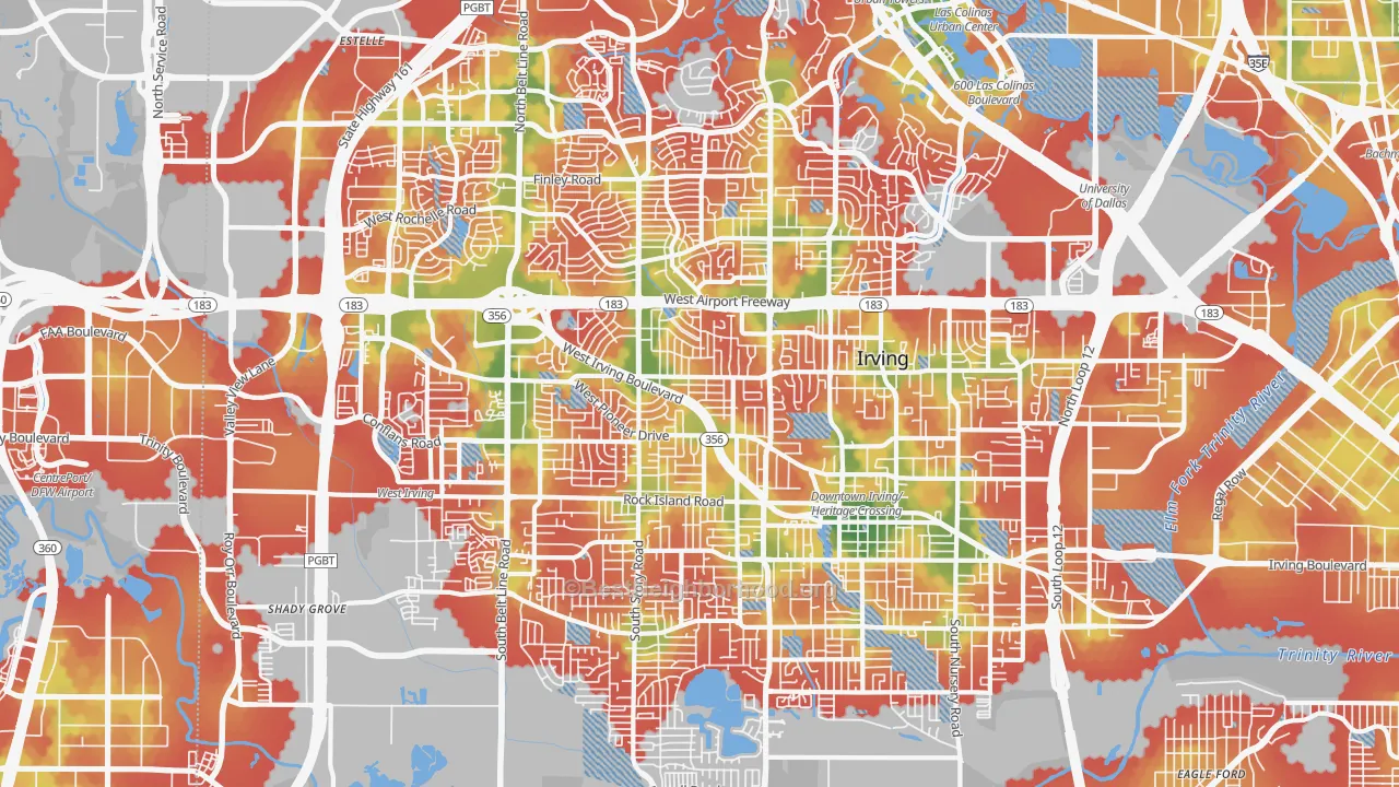 Walk Grade map of 75061, TX, walkable areas in green and car-dependent areas in red