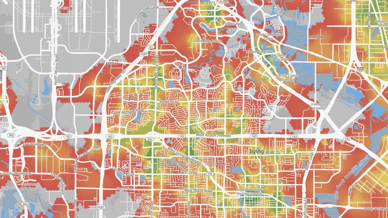 Walk Grade map of 75062, TX, walkable areas in green and car-dependent areas in red