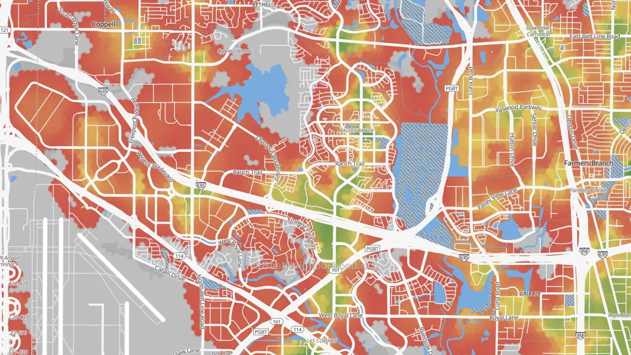 Walk Grade map of 75063, TX, walkable areas in green and car-dependent areas in red