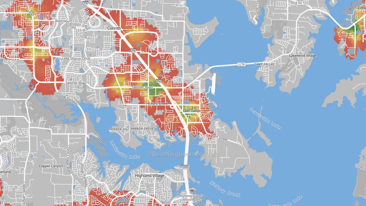 Walk Grade map of 75065, TX, walkable areas in green and car-dependent areas in red