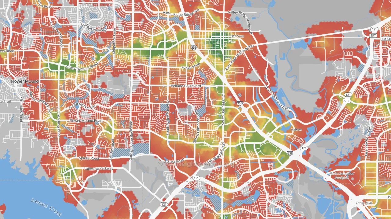 Walk Grade map of 75067, TX, walkable areas in green and car-dependent areas in red