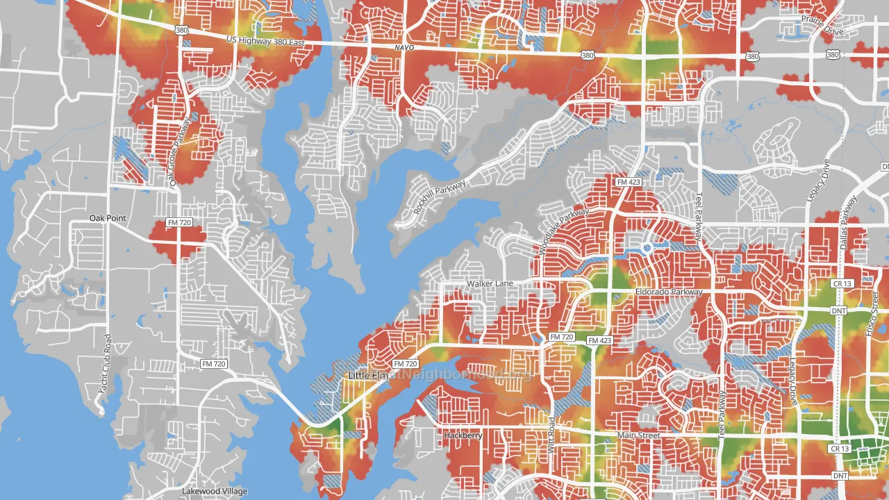 Walk Grade map of 75068, TX, walkable areas in green and car-dependent areas in red
