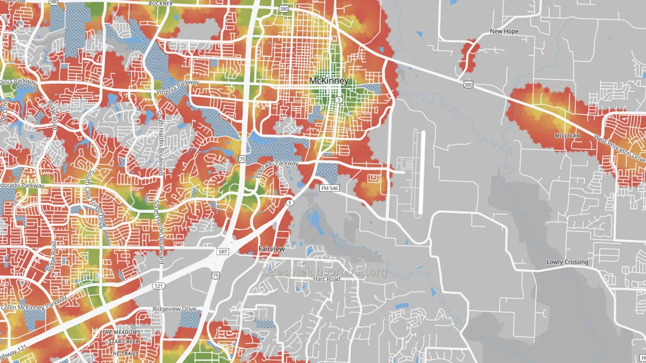 Walk Grade map of 75069, TX, walkable areas in green and car-dependent areas in red