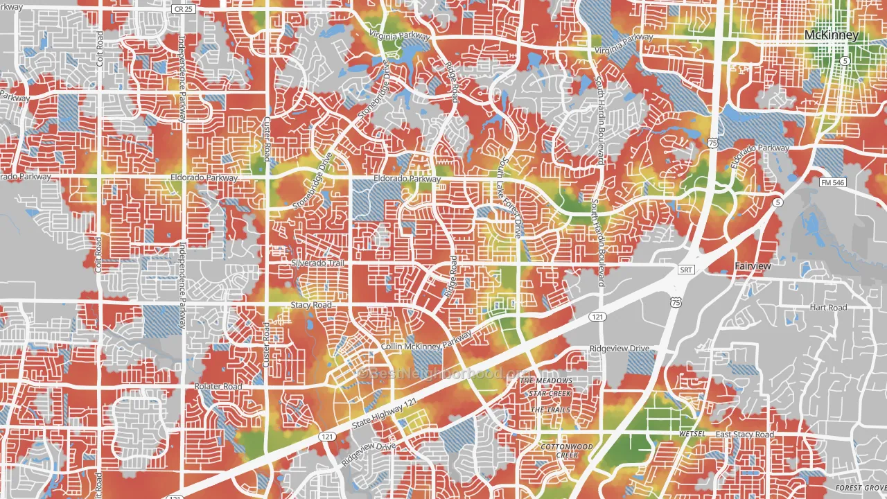 Walk Grade map of 75070, TX, walkable areas in green and car-dependent areas in red