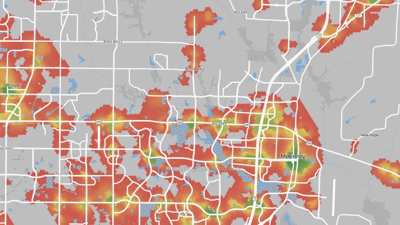 Walk Grade map of 75071, TX, walkable areas in green and car-dependent areas in red