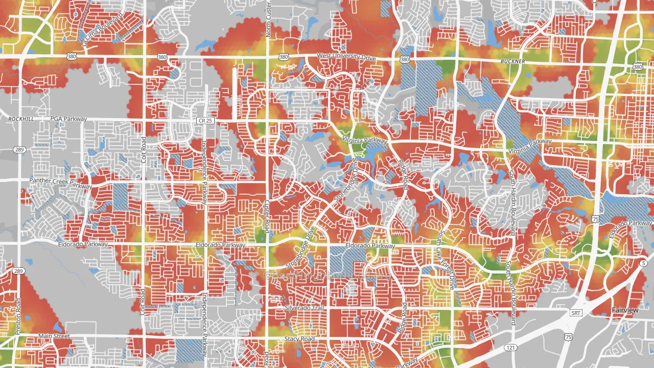 Walk Grade map of 75072, TX, walkable areas in green and car-dependent areas in red