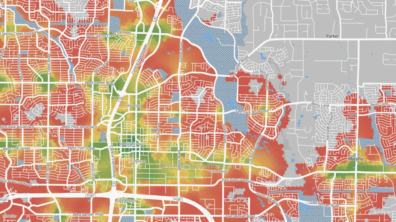Walk Grade map of 75074, TX, walkable areas in green and car-dependent areas in red
