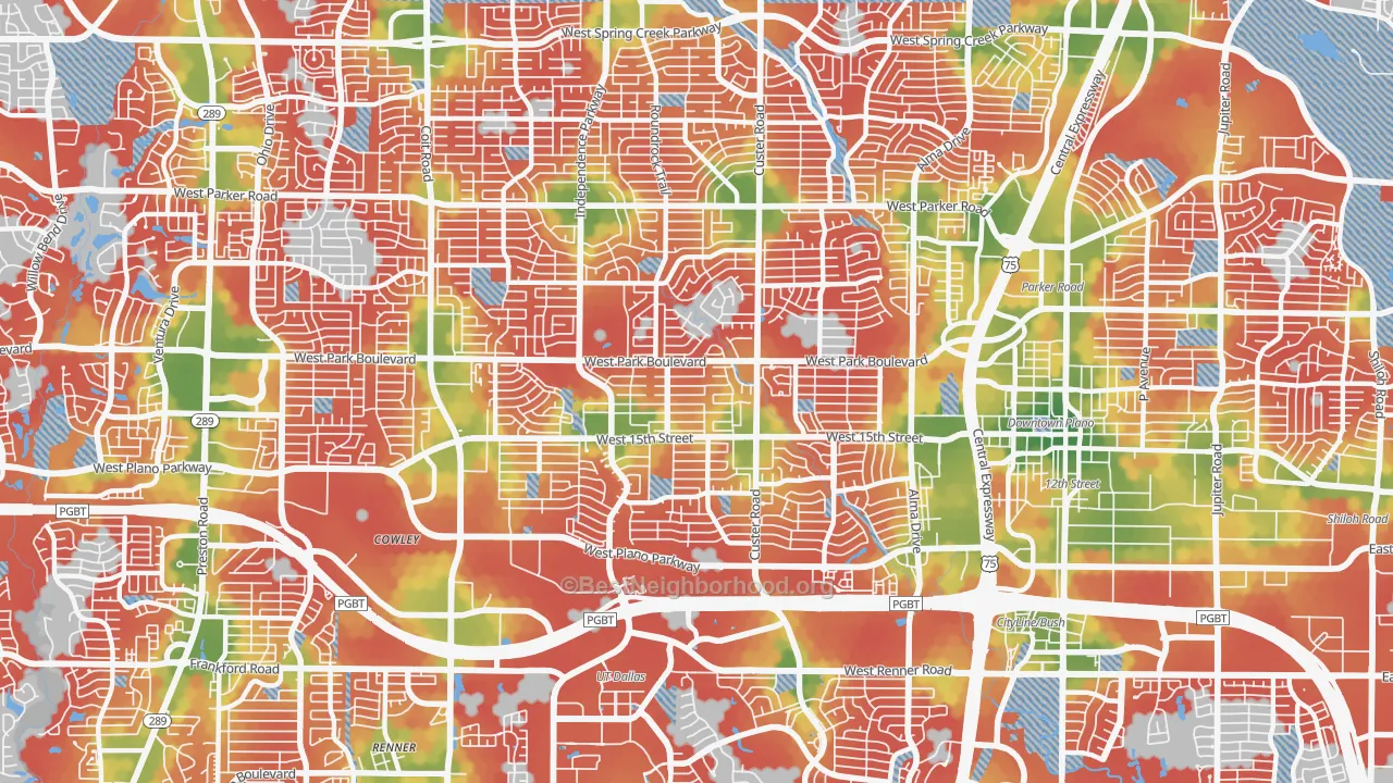 Walk Grade map of 75075, TX, walkable areas in green and car-dependent areas in red