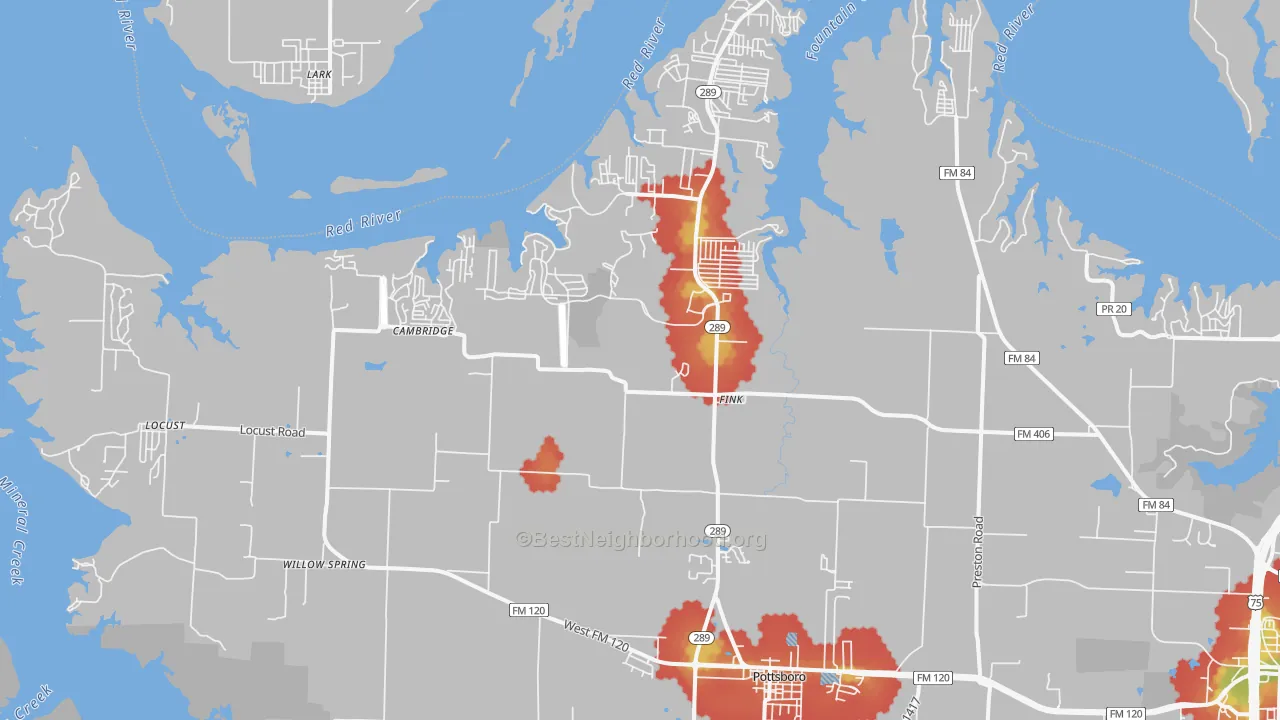 Walk Grade map of 75076, TX, walkable areas in green and car-dependent areas in red