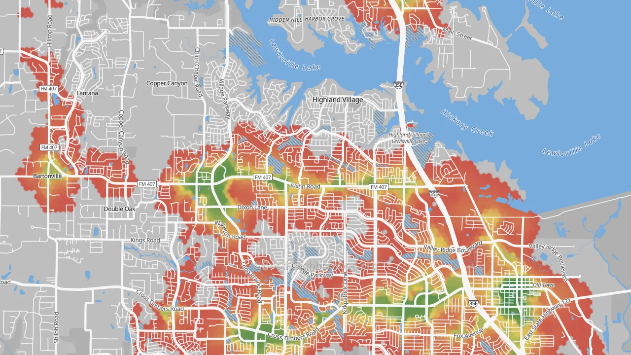 Walk Grade map of 75077, TX, walkable areas in green and car-dependent areas in red