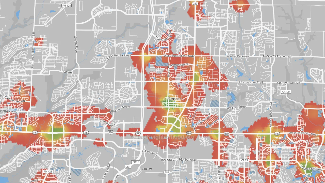 Walk Grade map of 75078, TX, walkable areas in green and car-dependent areas in red