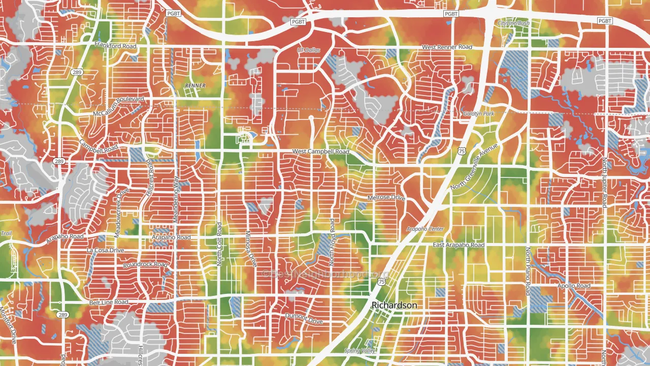 Walk Grade map of 75080, TX, walkable areas in green and car-dependent areas in red