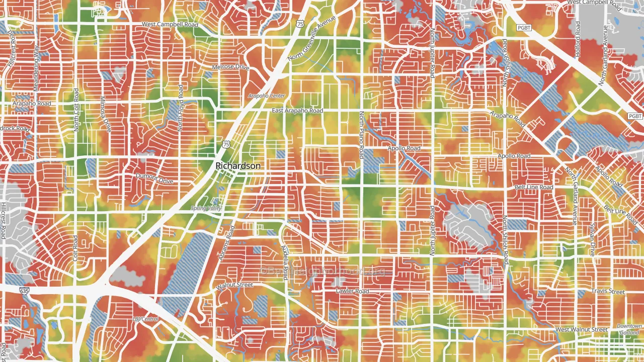 Walk Grade map of 75081, TX, walkable areas in green and car-dependent areas in red
