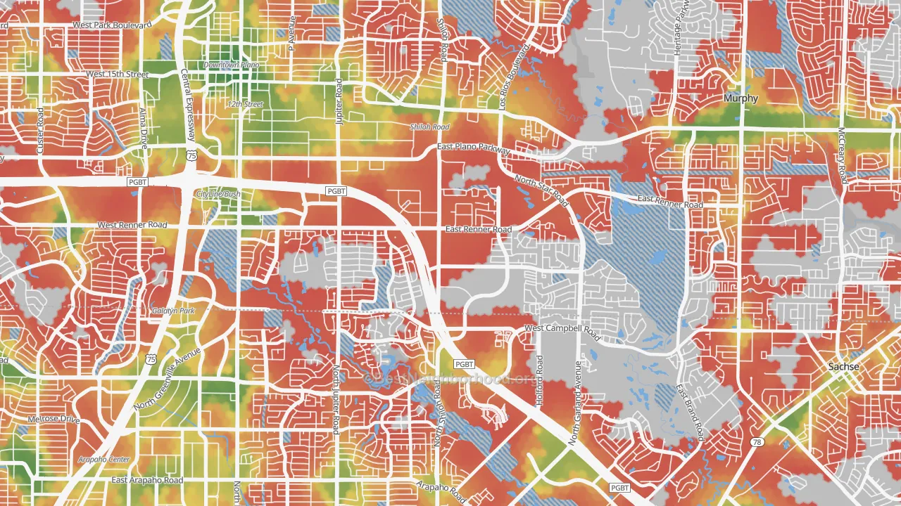 Walk Grade map of 75082, TX, walkable areas in green and car-dependent areas in red