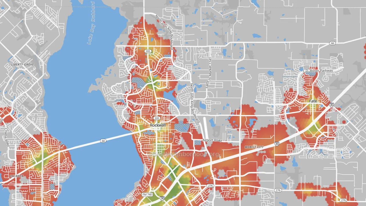 Walk Grade map of 75087, TX, walkable areas in green and car-dependent areas in red