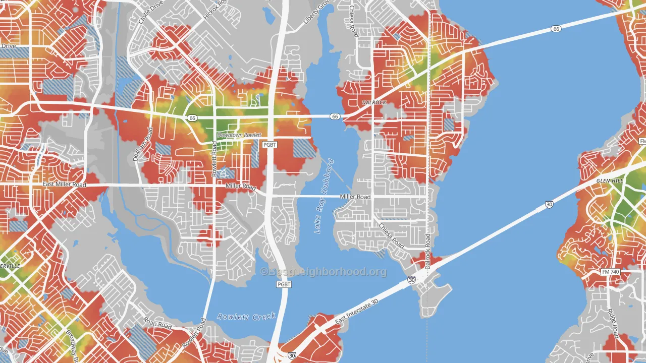 Walk Grade map of 75088, TX, walkable areas in green and car-dependent areas in red