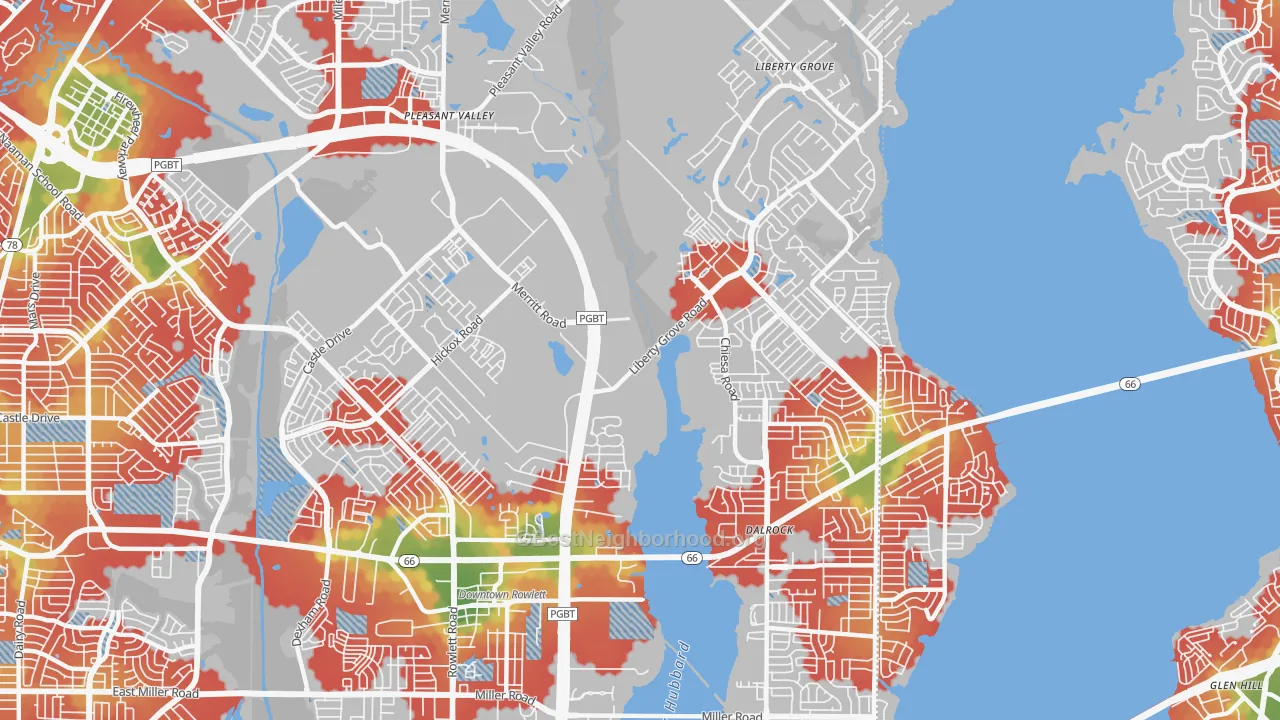 Walk Grade map of 75089, TX, walkable areas in green and car-dependent areas in red