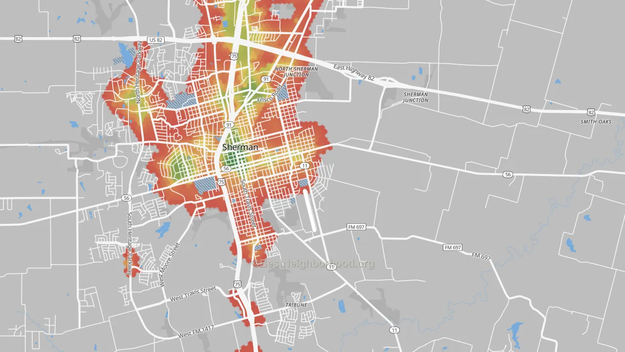 Walk Grade map of 75090, TX, walkable areas in green and car-dependent areas in red