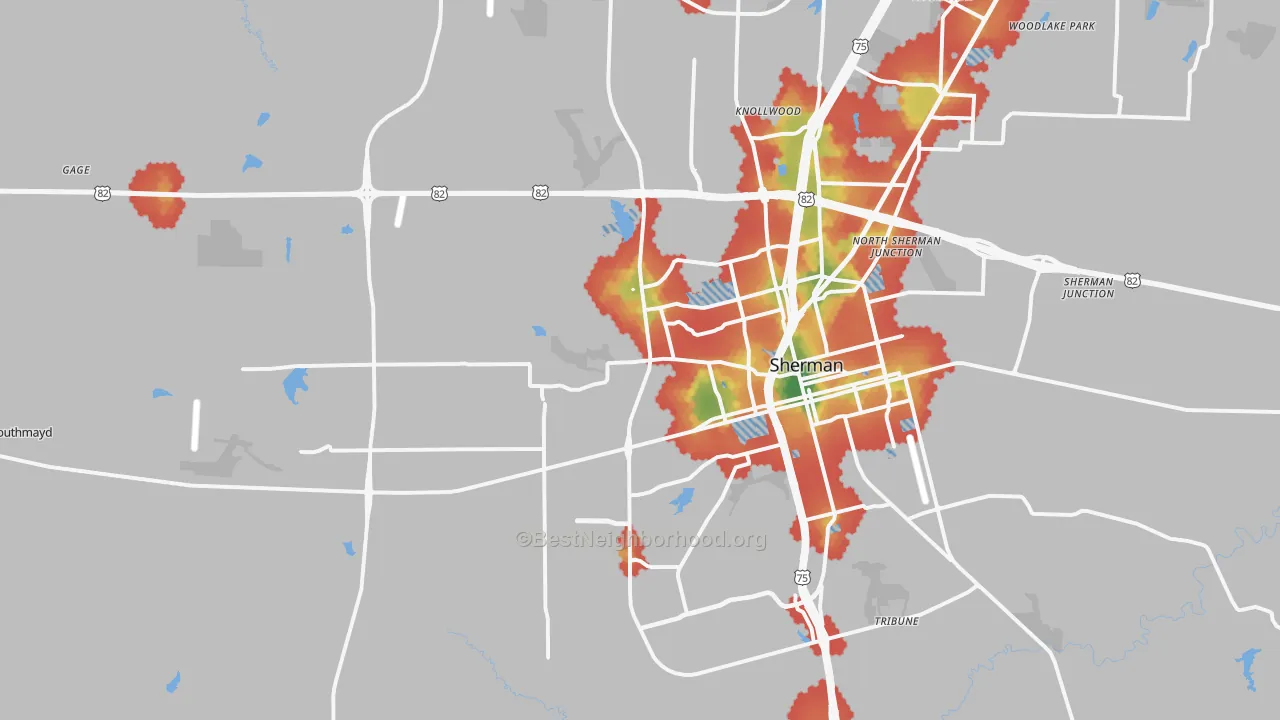 Walk Grade map of 75092, TX, walkable areas in green and car-dependent areas in red