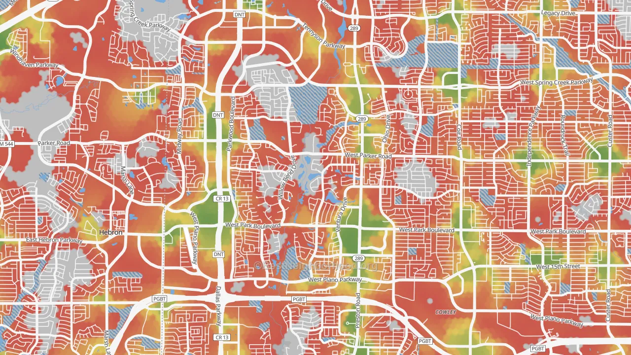 Walk Grade map of 75093, TX, walkable areas in green and car-dependent areas in red