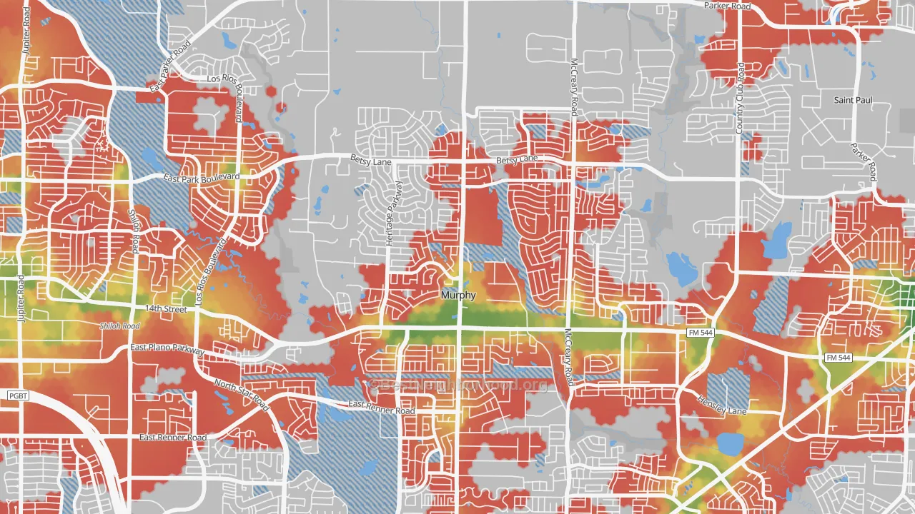 Walk Grade map of 75094, TX, walkable areas in green and car-dependent areas in red