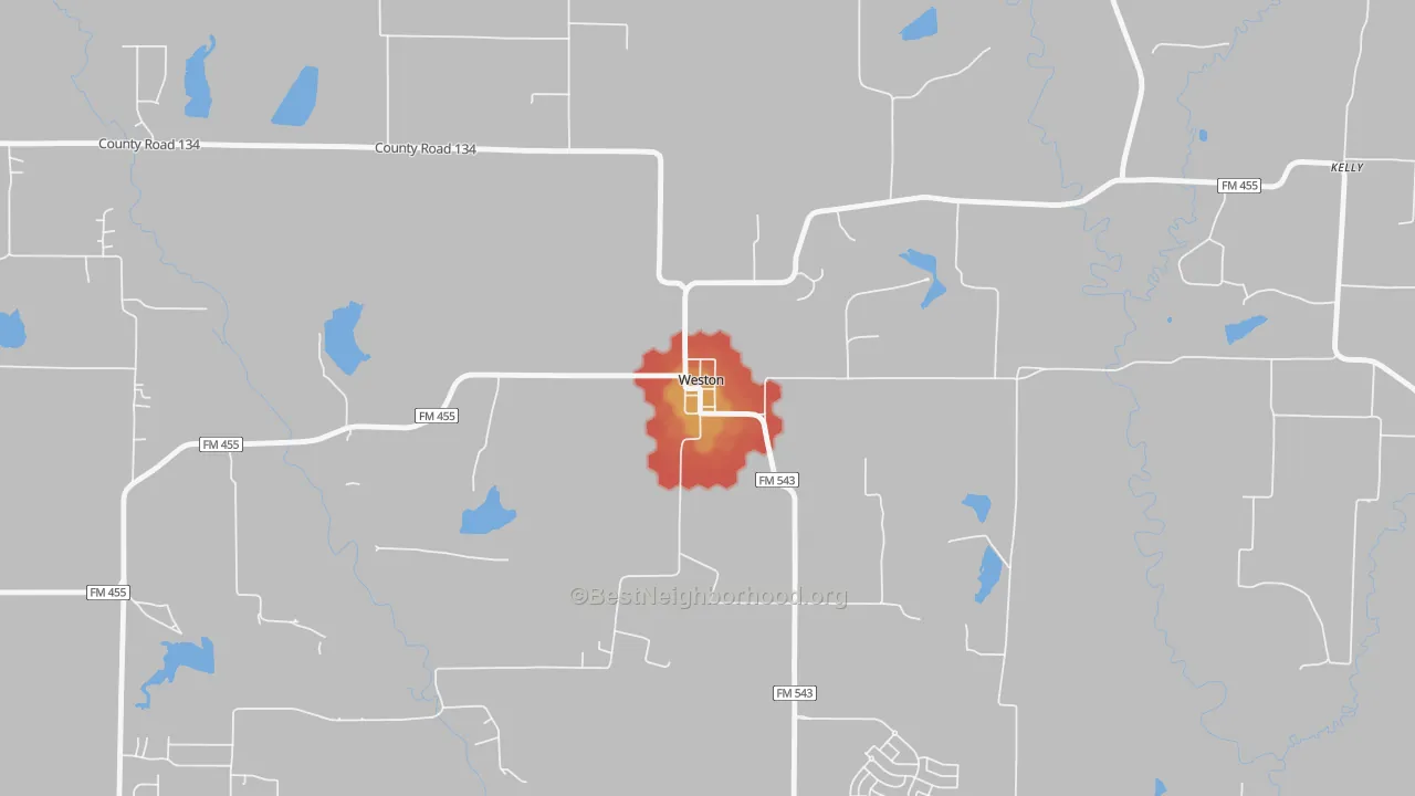 Walk Grade map of 75097, TX, walkable areas in green and car-dependent areas in red