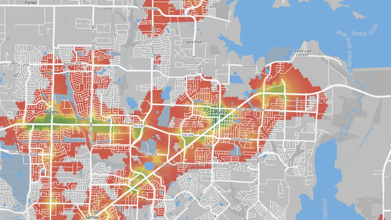 Walk Grade map of 75098, TX, walkable areas in green and car-dependent areas in red