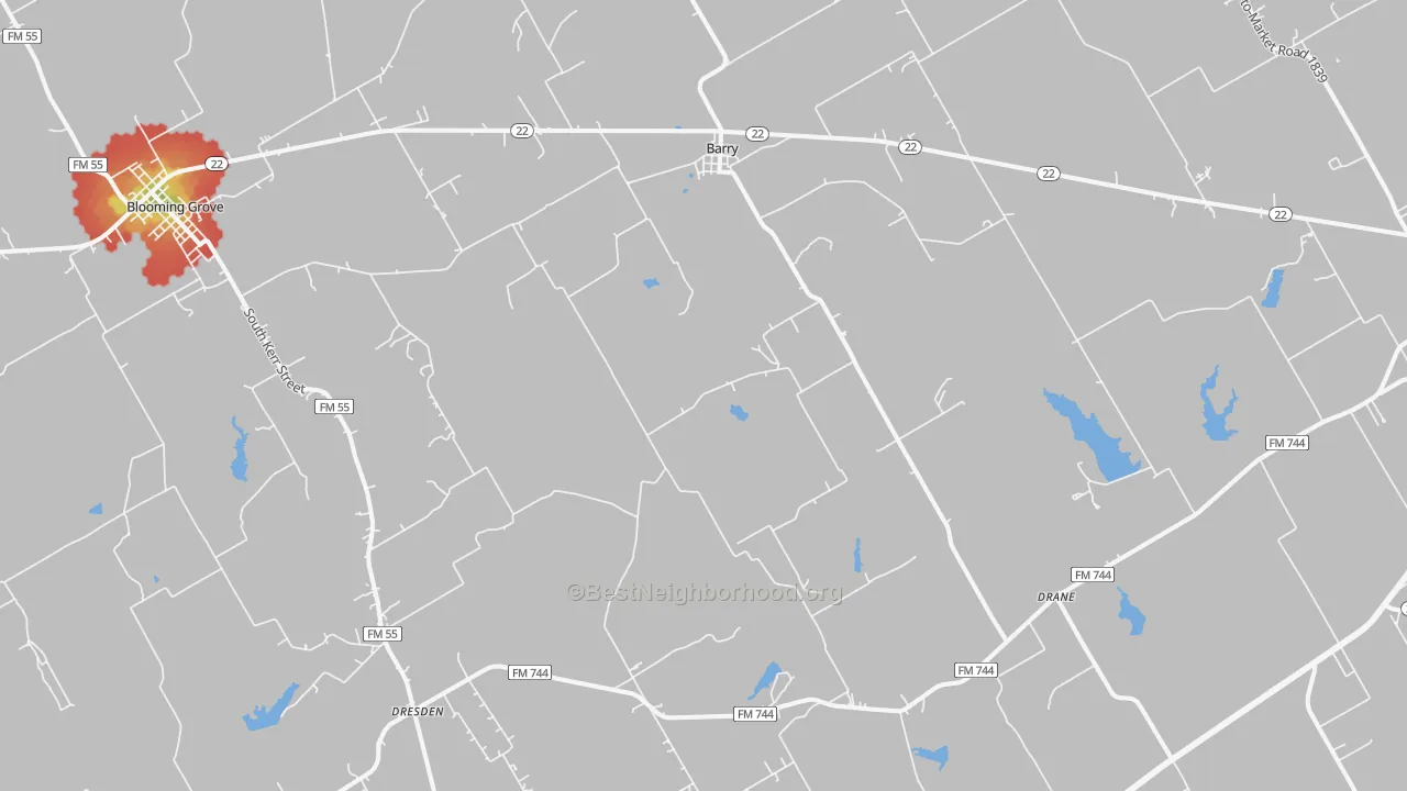 Walk Grade map of 75102, TX, walkable areas in green and car-dependent areas in red