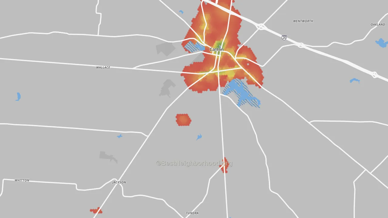 Walk Grade map of 75103, TX, walkable areas in green and car-dependent areas in red