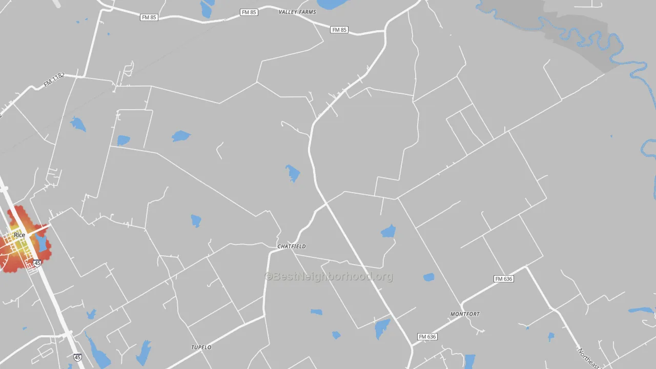 Walk Grade map of 75105, TX, walkable areas in green and car-dependent areas in red
